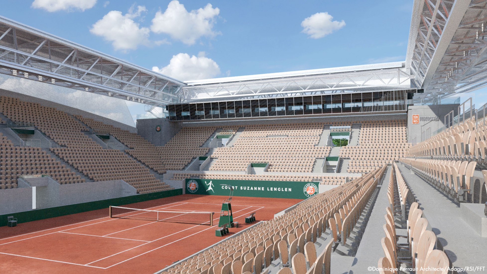 Rendering. Retractable roof on Suzanne Lenglen tennis court by Dominique Perrault