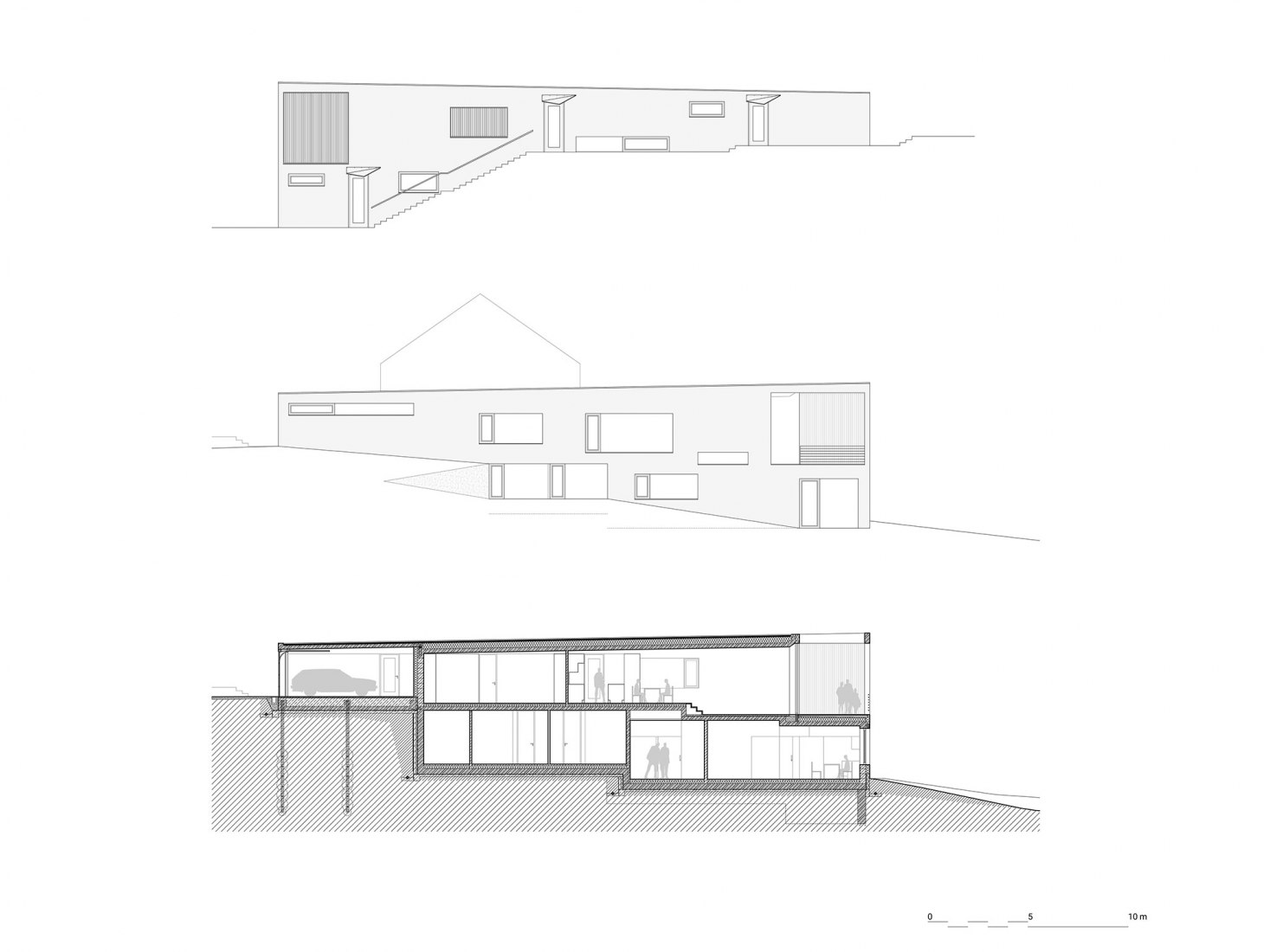 Elevations and section. Family House in the Slope by masparti / pavel martinka, ondřej spusta. Courtesy by masparti / pavel martinka, ondřej spusta