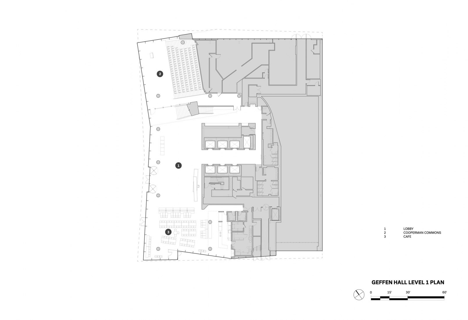 Plano de planta primera, Geffen Hall. Escuela de Negocios de la Universidad de Columbia por DS+R.