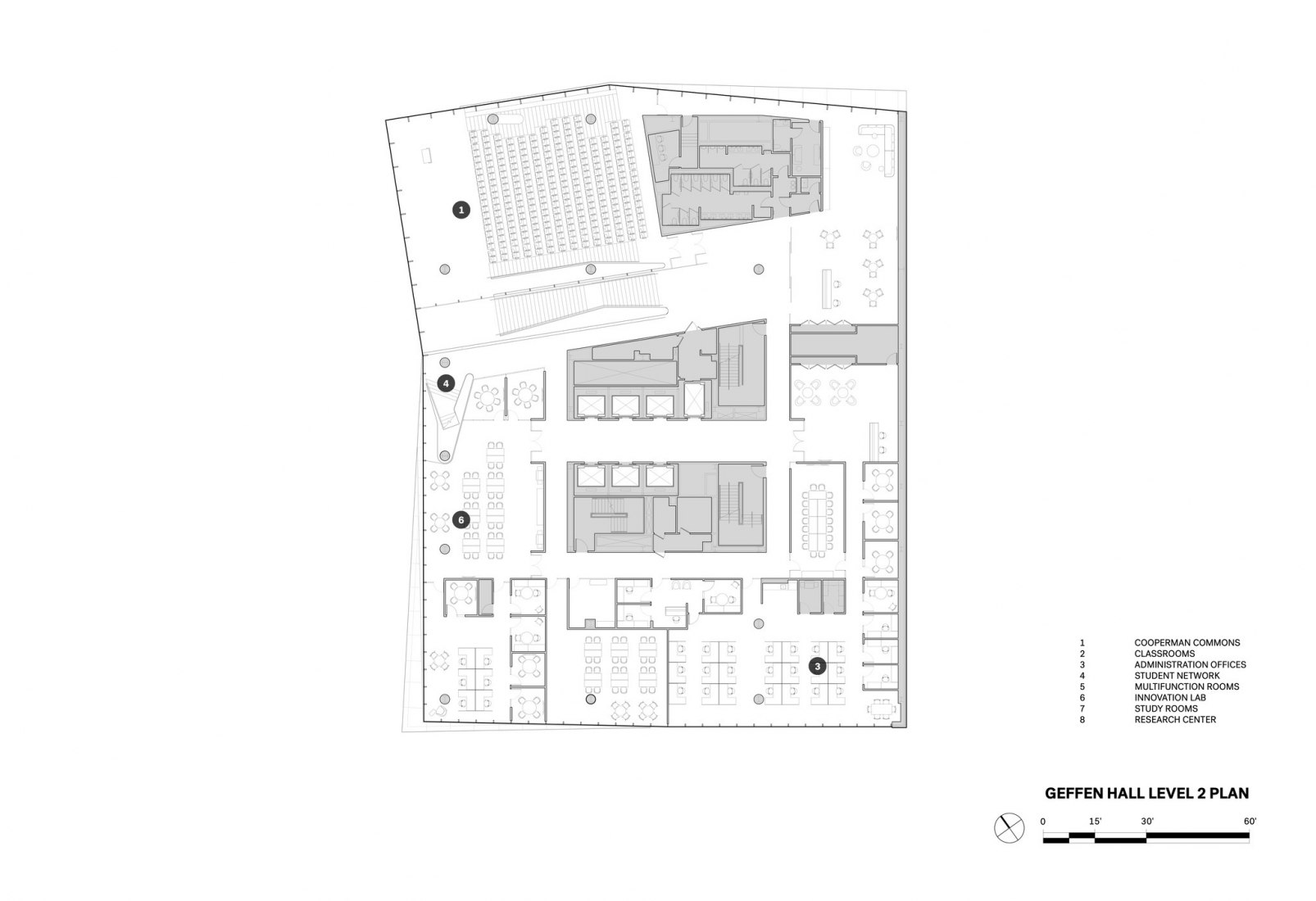 Plano de planta segunda, Geffen Hall. Escuela de Negocios de la Universidad de Columbia por DS+R.