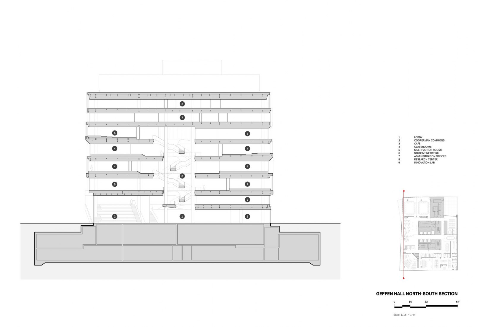 Sección norte sur, Geffen Hall. Escuela de Negocios de la Universidad de Columbia por DS+R.