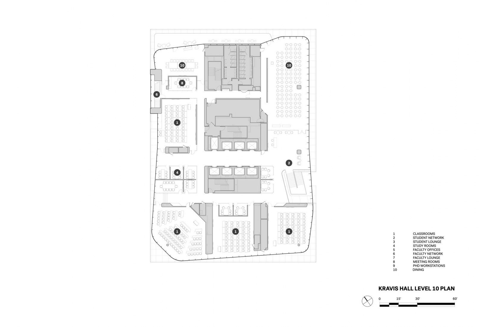 Plano de planta décima, Kravis Hall. Escuela de Negocios de la Universidad de Columbia por DS+R.