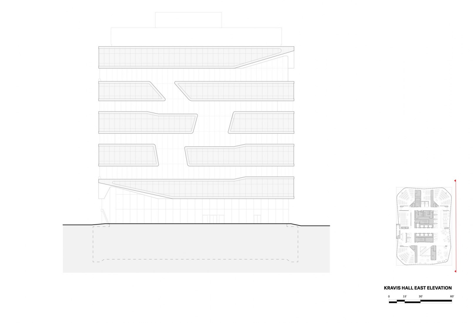 Alzado este, Kravis Hall. Escuela de Negocios de la Universidad de Columbia por DS+R.