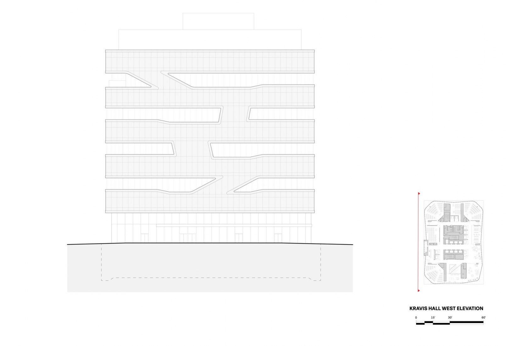 Alzado oeste, Kravis Hall. Escuela de Negocios de la Universidad de Columbia por DS+R.