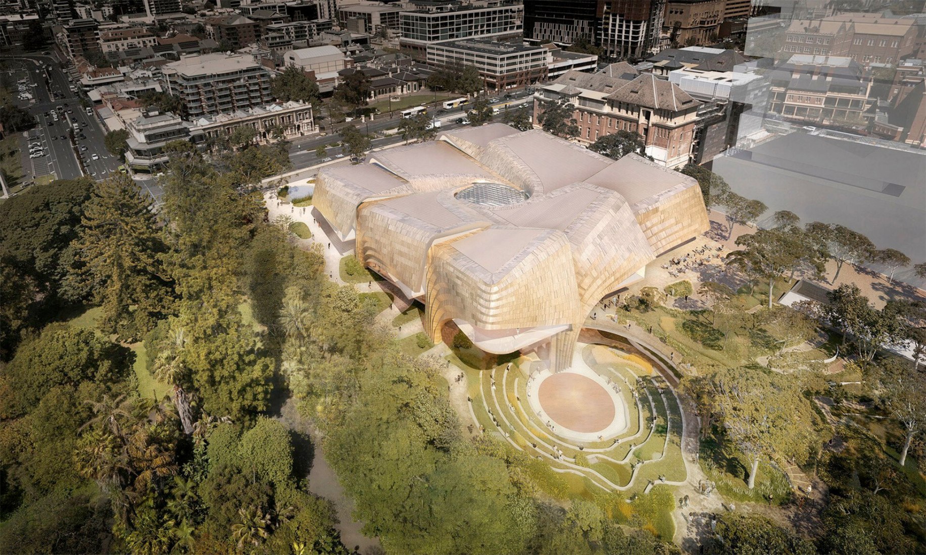Vista aérea del anfiteatro al aire libre del Centro de Arte y Culturas Aborígenes de Adelaida. Imagen cortesía de Diller Scofidio + Renfro y Woods Bagot 