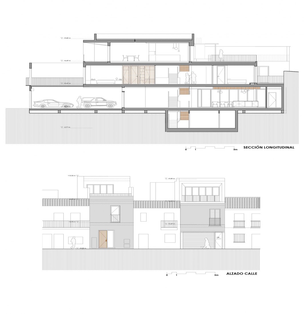 Sección longitudinal y alzado. Casa WIIK por DTR_studio architects.