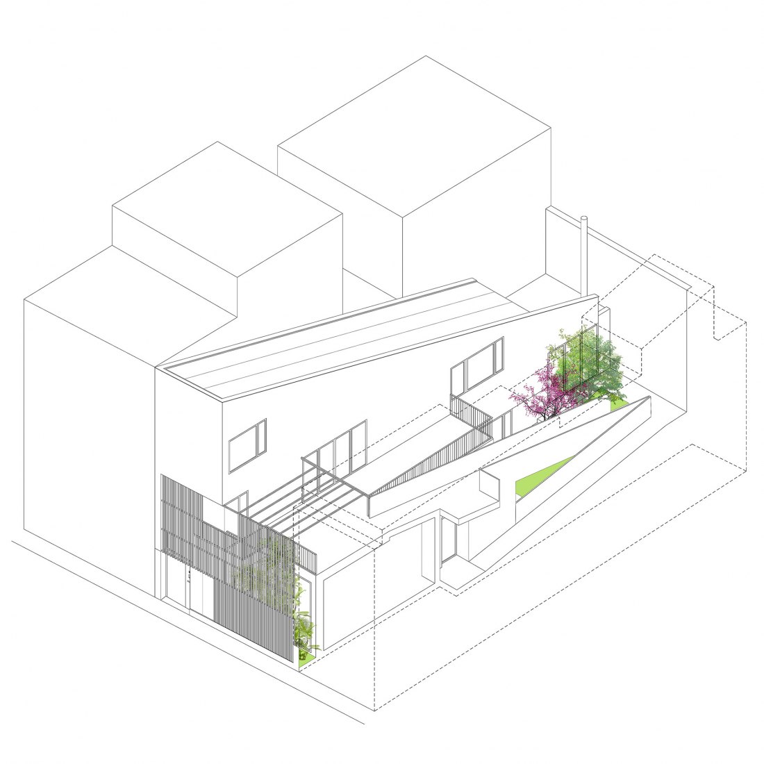Axonometría. Vivienda unifamiliar entre medianeras en Vila Real por Juan Marco Marco.