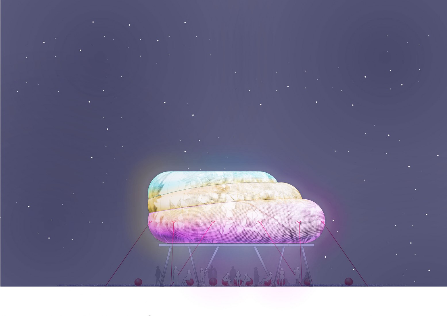 Nighttime elevation. CLOUDROOM. Bioclimatic Outdoor Classroom by Ecosistema Urbano.