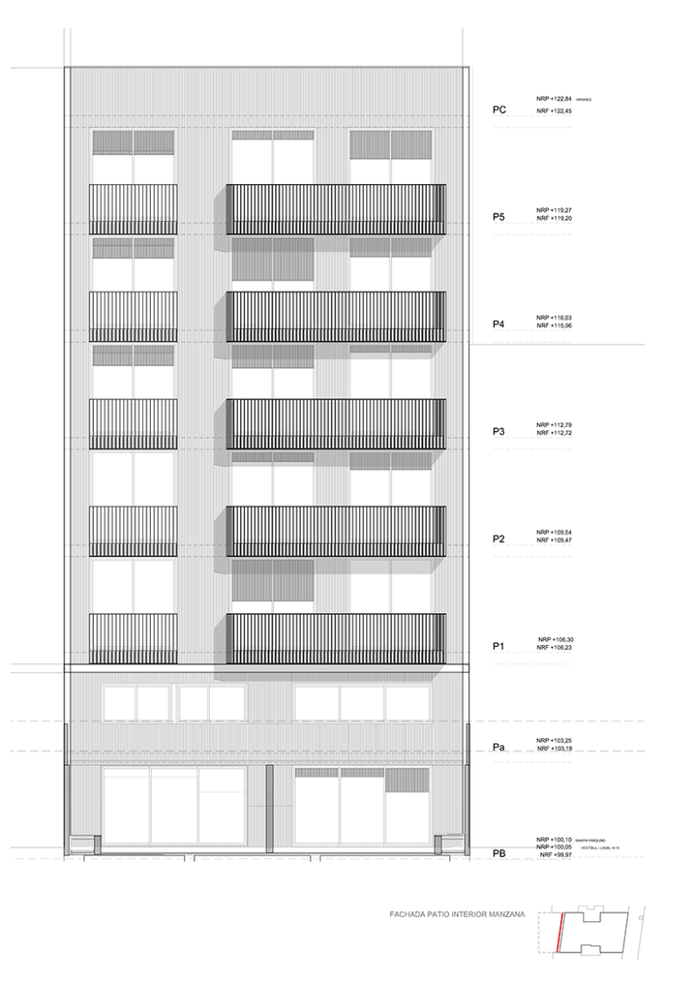 Elevation through the courtyard. Arizala's building by AVA Studio scp. Image © Courtesy of AVA Studio scp.