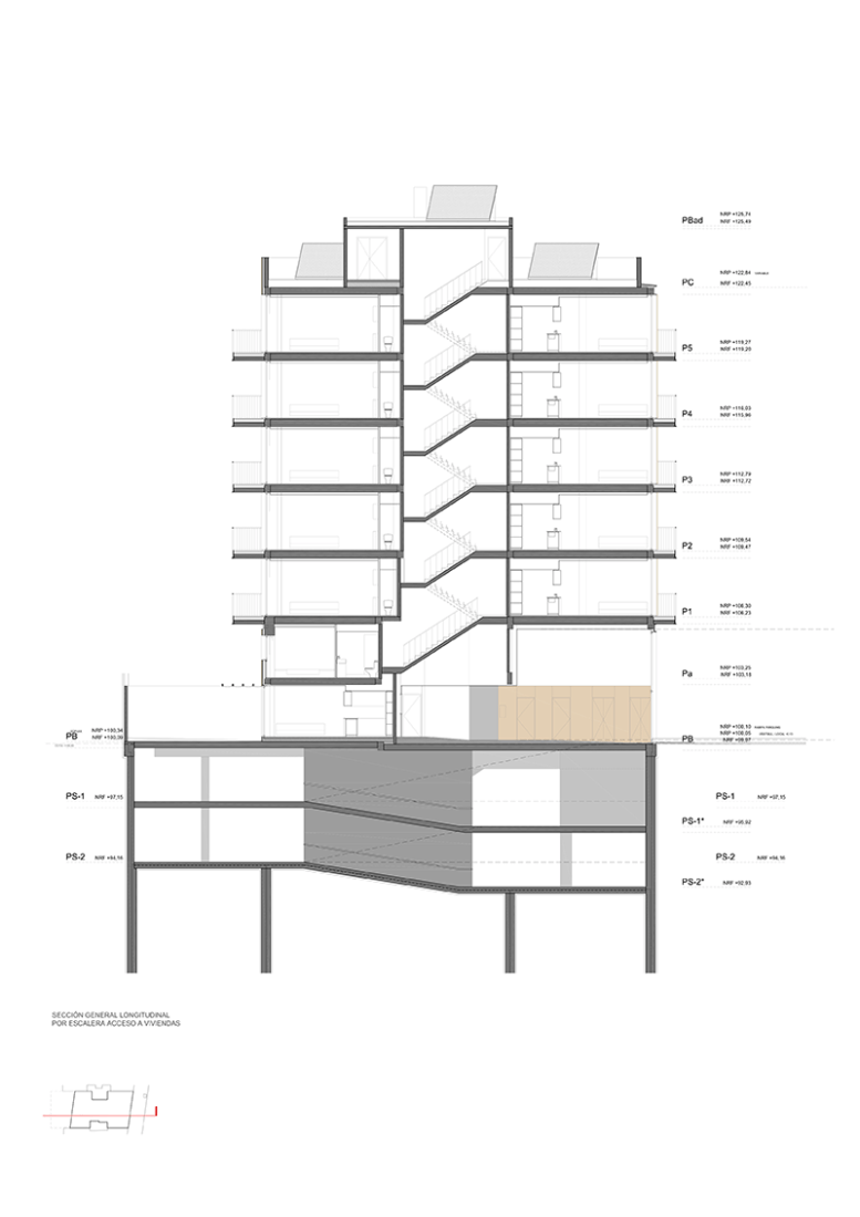 Longitudinal section through the stairs. Arizala's building by AVA Studio scp. Image © Courtesy of AVA Studio scp.