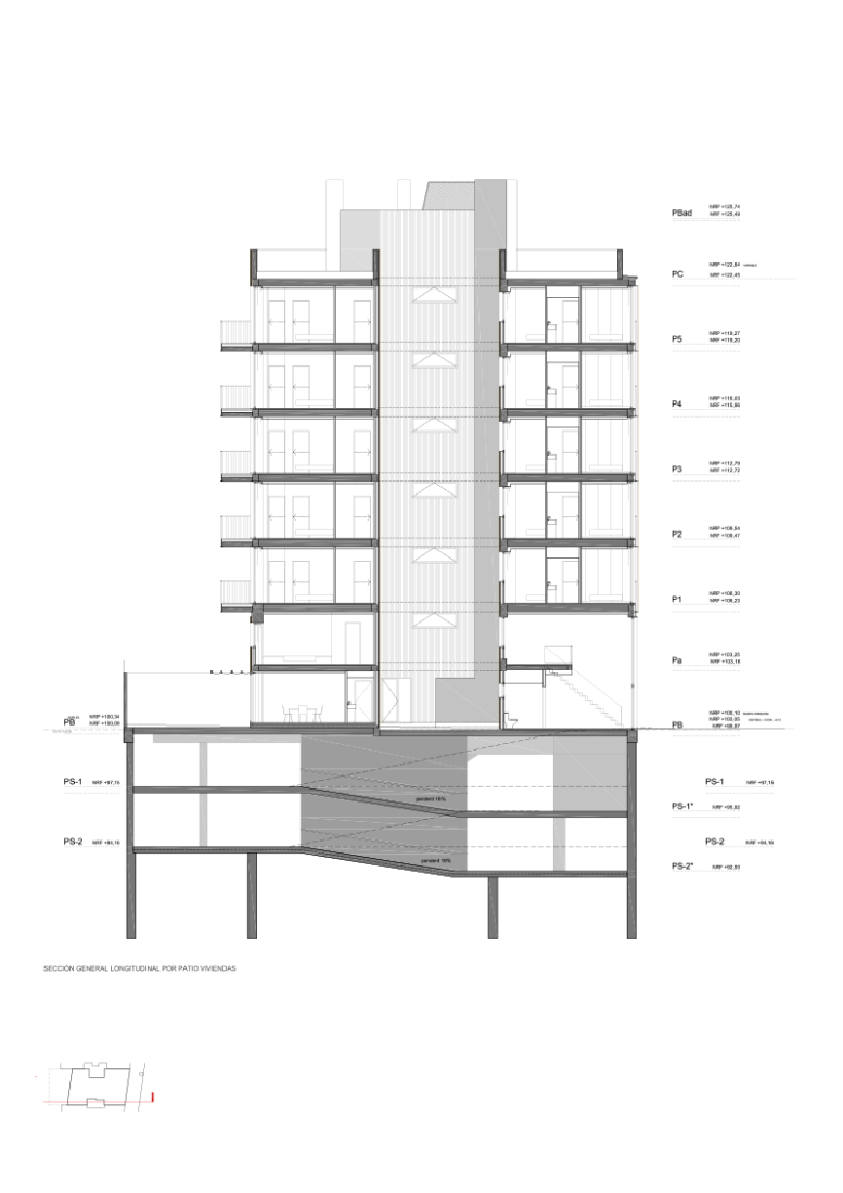 Longitudinal section through the courtyard. Arizala's building by AVA Studio scp. Image © Courtesy of AVA Studio scp.