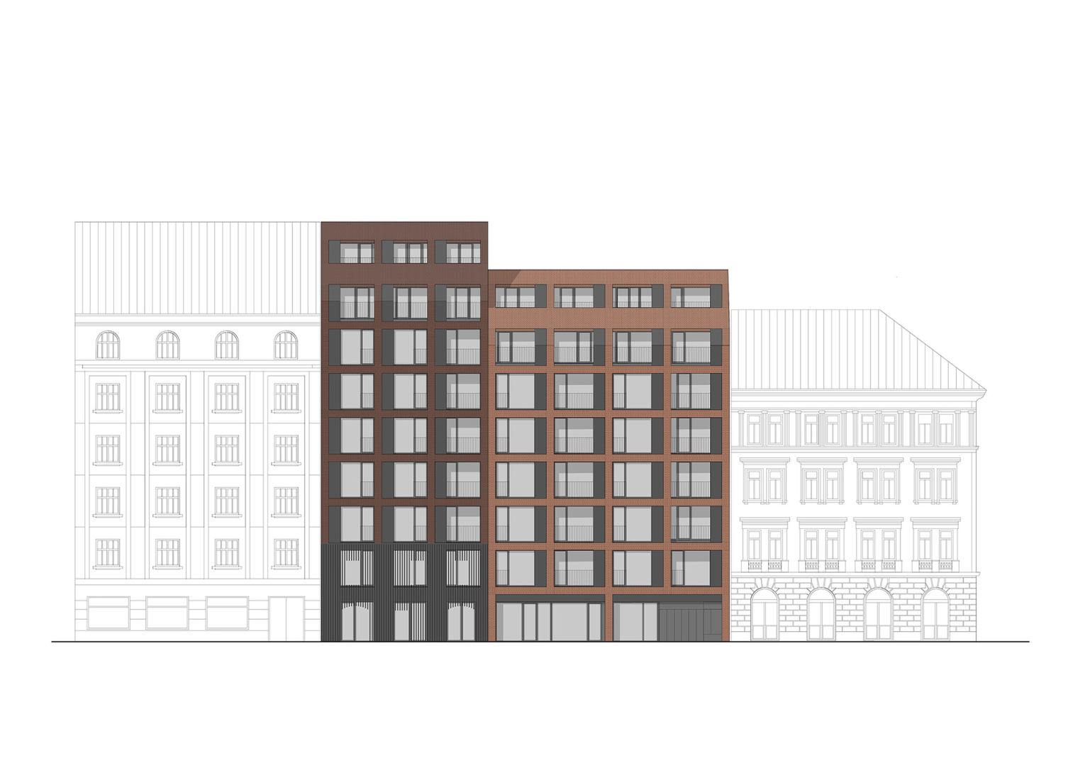 Elevation plan. Iconik apartment building by edit! Architects.