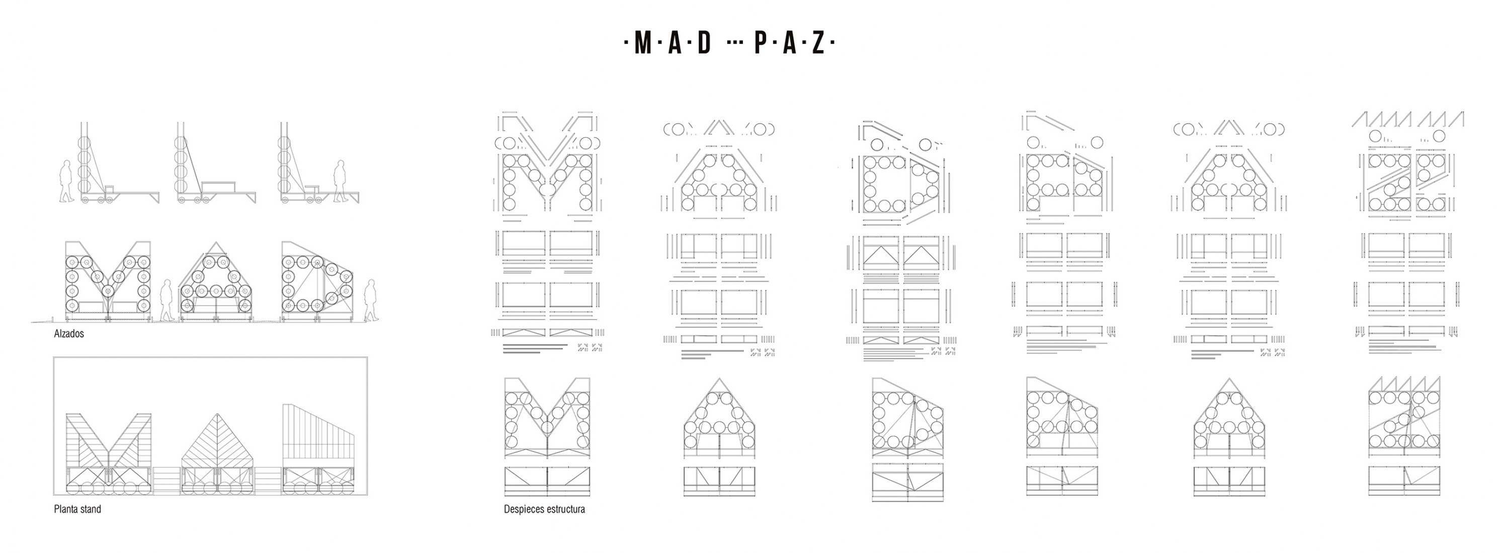 M A D - P A Z.  Plantas y alzados. F.U.A. (Furniture Urban Alphabets) por Eeestudio, Zuloark, D. Cárdenas y L. Villalba.