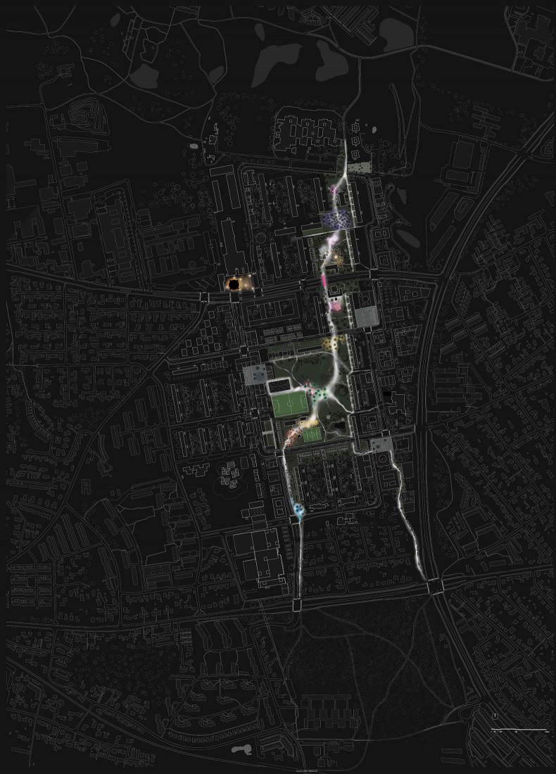 Plan director - vista nocturna. Parque urbano de Gellerup por EFFEKT.