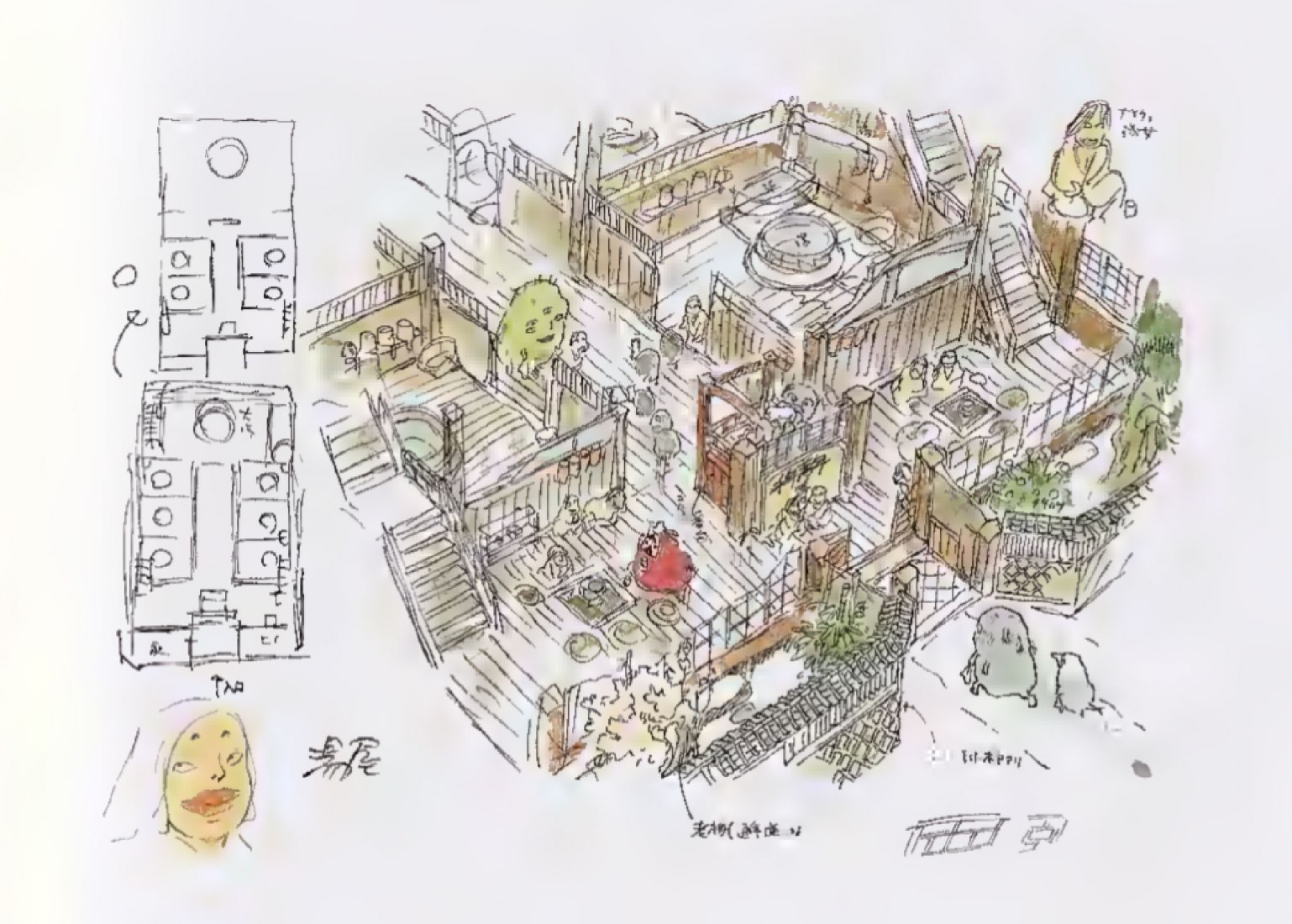 Concep art of the bath house. Spatial relation between the bathrooms and the entrance. Spirited Away by Studio Ghibli