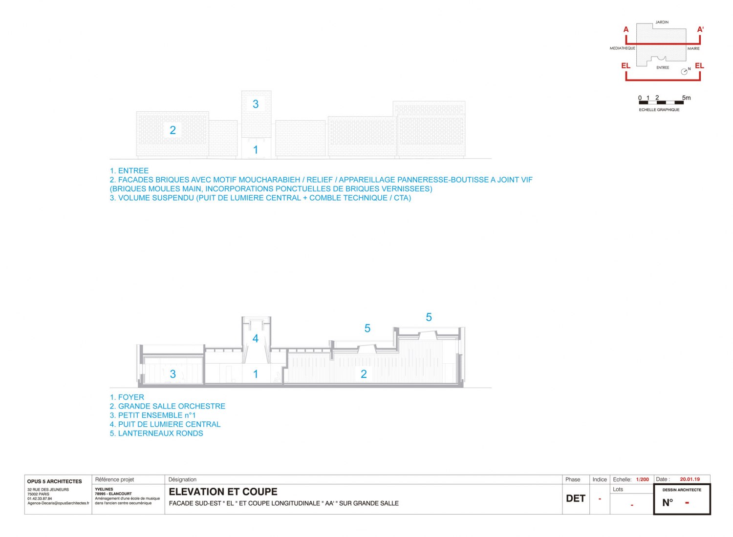 Alzado y sección. Escuela de música Elancourt  por OPUS 5 Architectes