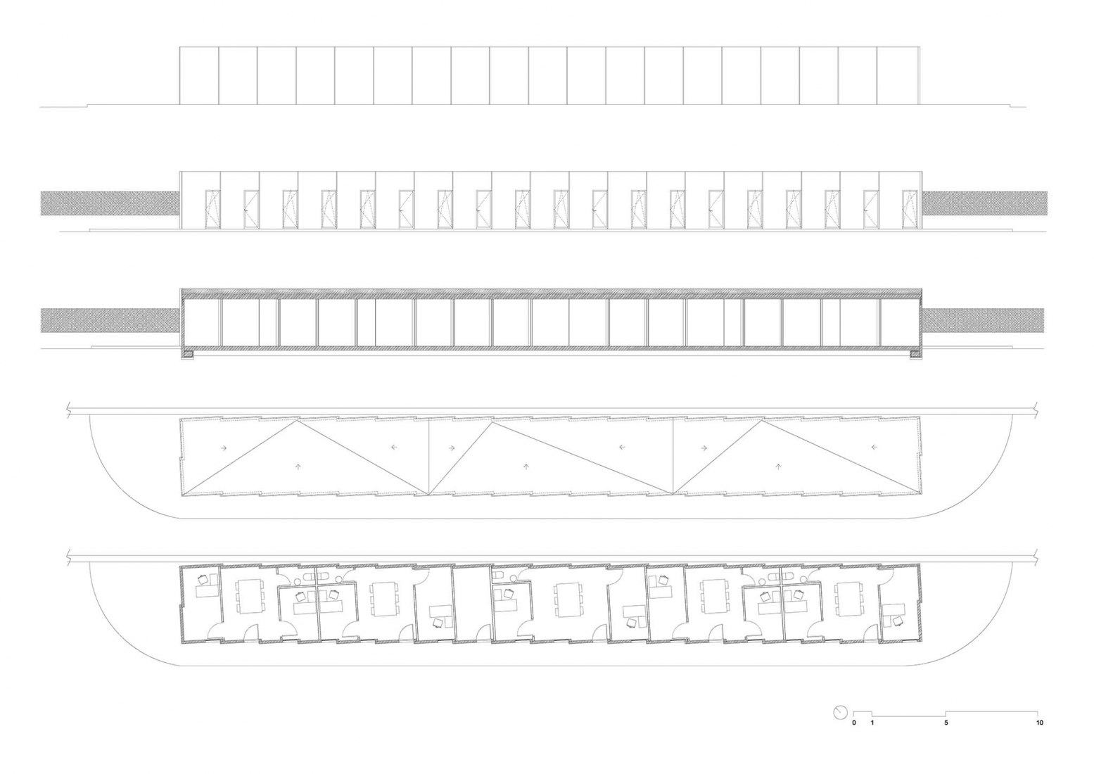 Blueprints.- Floor plans, elevations and section. Port pavilion in Motril by Elisa Valero and DJarquitectura