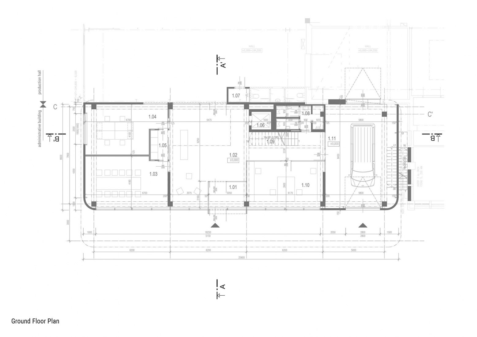 Ground floor. Manufacturing and Administrative Building of the Pilana Karbid Company by Ellement architects