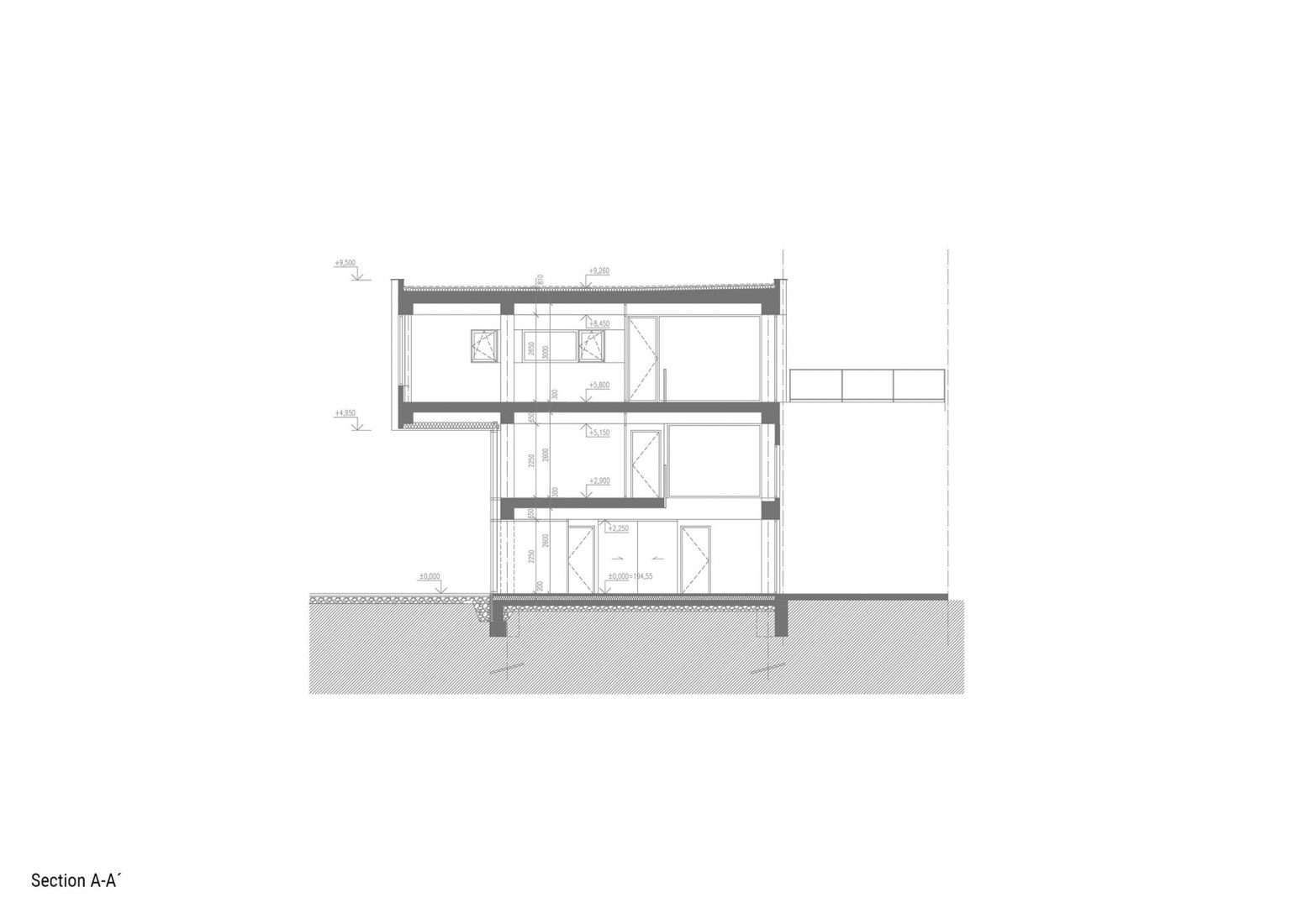 Sección a-a. Edificio de manufacturación y administración de Pilana Karbid por Ellement architects