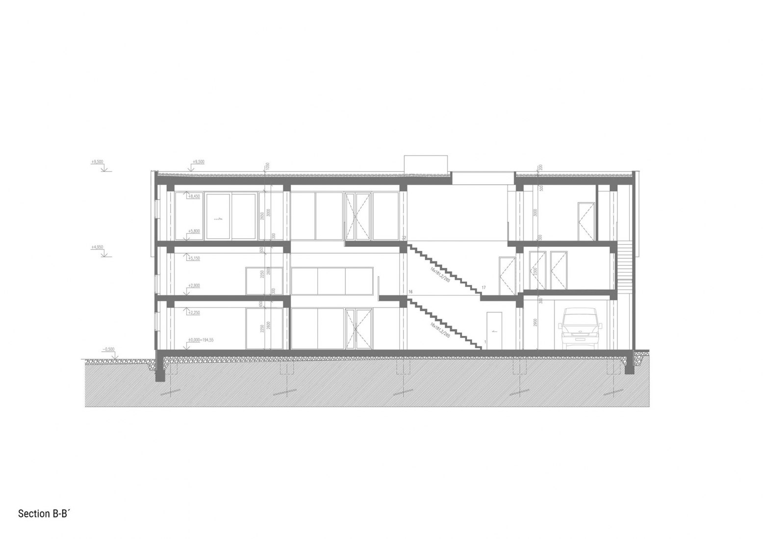 Sección b-b. Edificio de manufacturación y administración de Pilana Karbid por Ellement architects