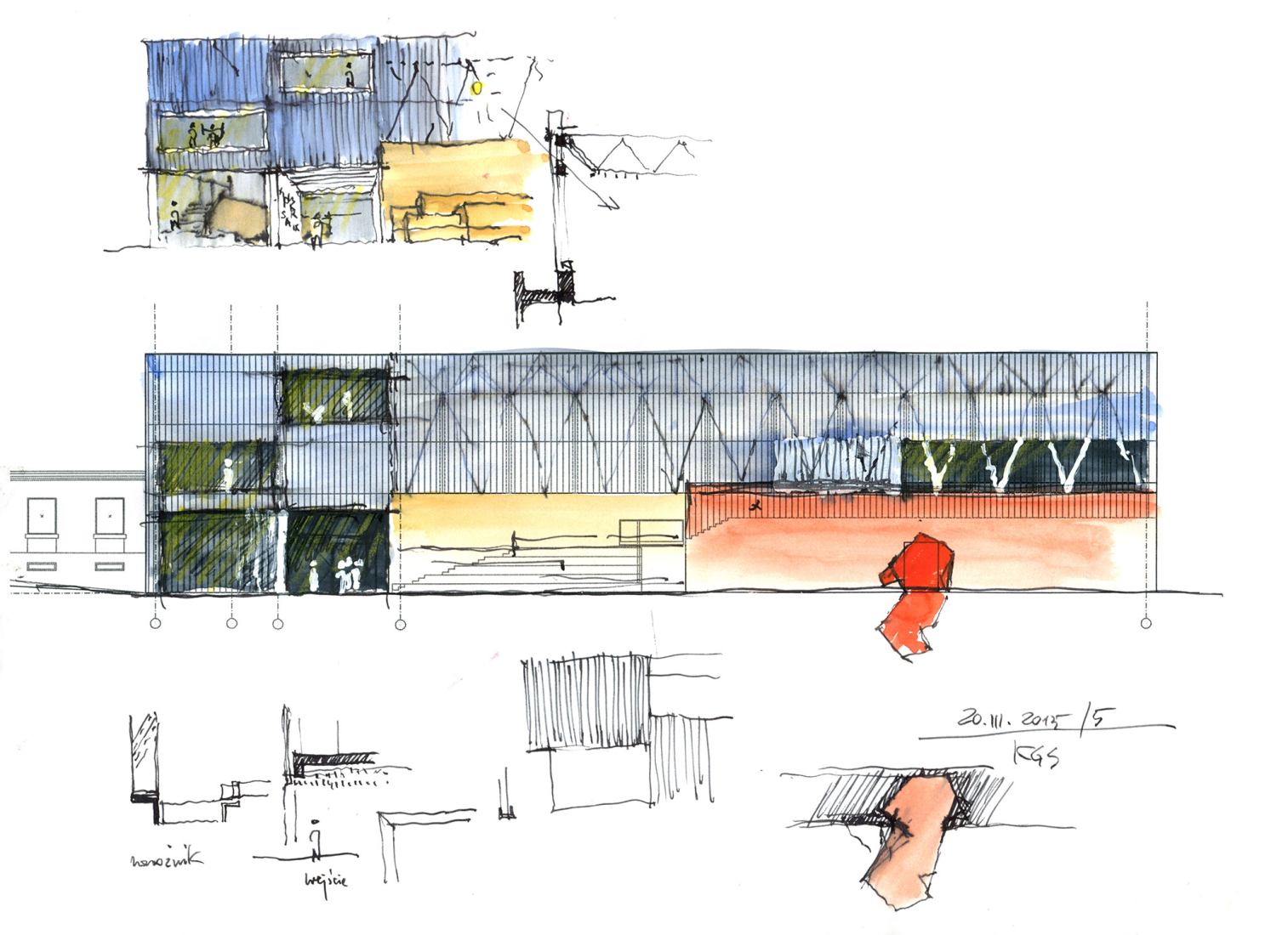 Sketch facade. ZSOMS sport hall Cracow by eM4.Pracownia Architektury.Brataniec.
