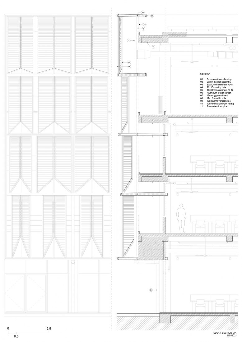 Sección constructiva AA. Escuela de Arquitectura por Erik L’Heureux.