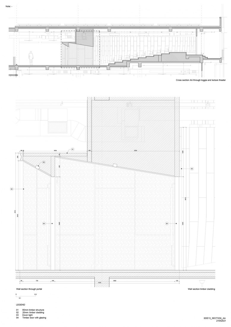 Sección constructiva AA. Escuela de Arquitectura por Erik L’Heureux.