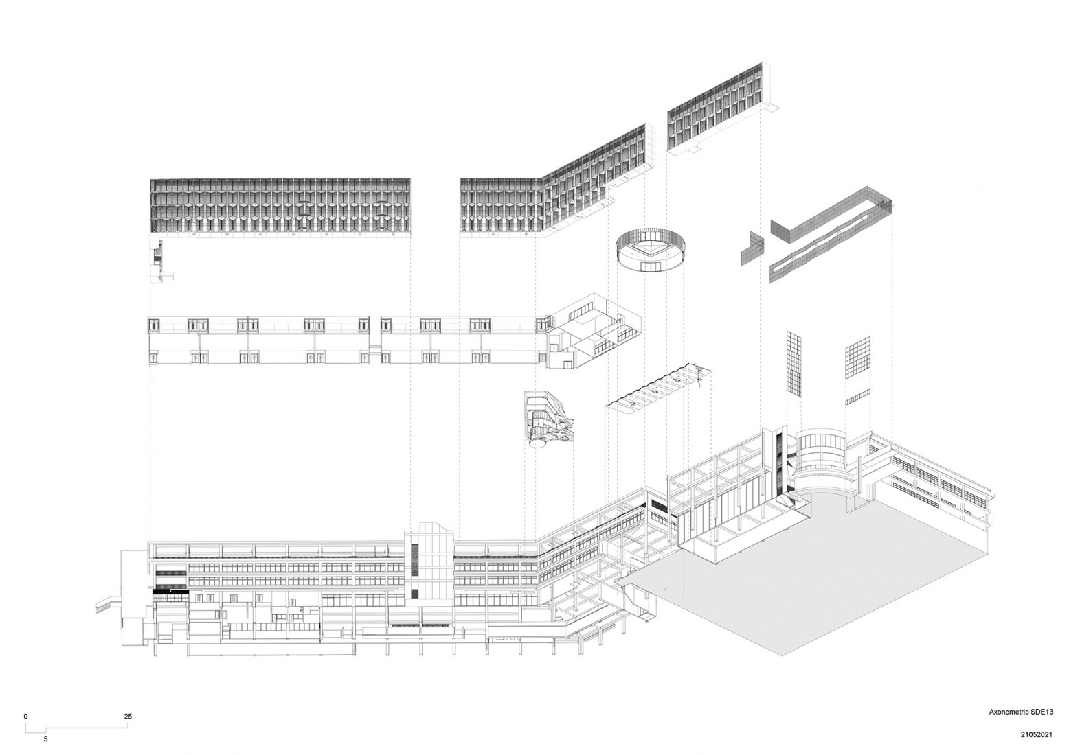 Axonometría completa. Escuela de Arquitectura por Erik L’Heureux.