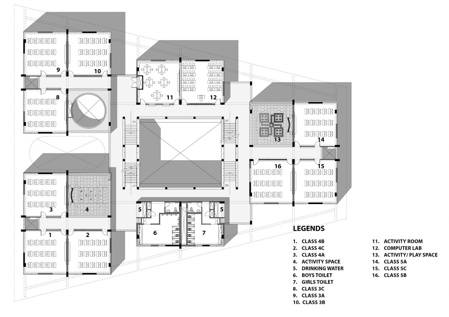 Plano de segunda planta. Escuela primaria Taksila Roots por SGA-Studio.