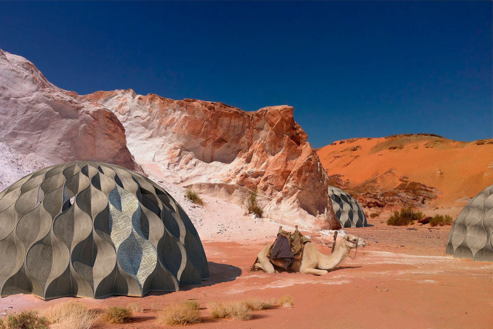 Weaving a home 2020, rendering in desert environment Jordan. Radical curiosity. In the orbit of Buckminster Fuller. Courtesy of Espacio Fundación Telefónica
