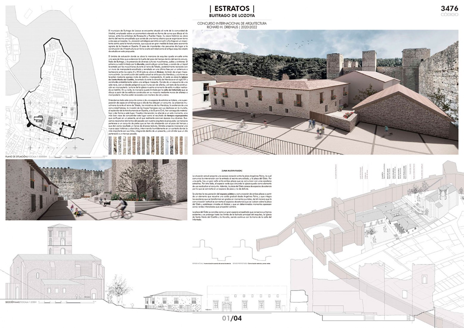 Board. First prize. "Estratos" by Javier Senosiain Jauregui. Winning proposal for Buitrago de Lozoya municipality.