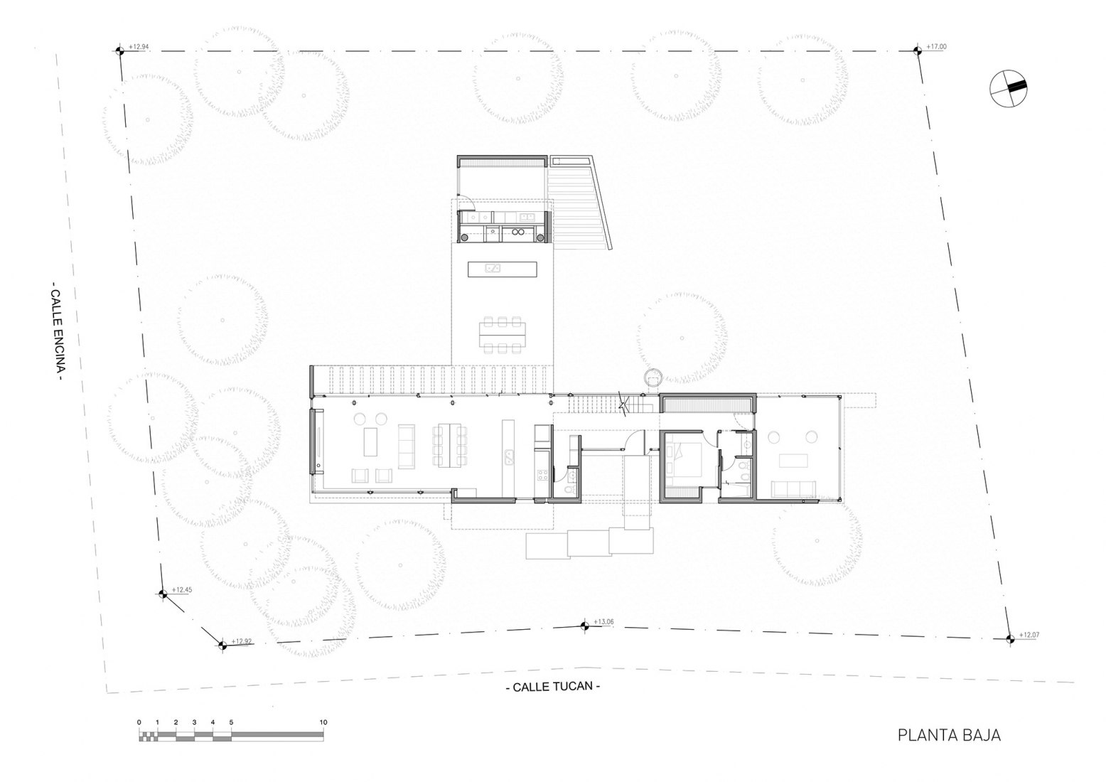 Plano de planta baja. Casa Tucán por Estudio Galera Arquitectura.