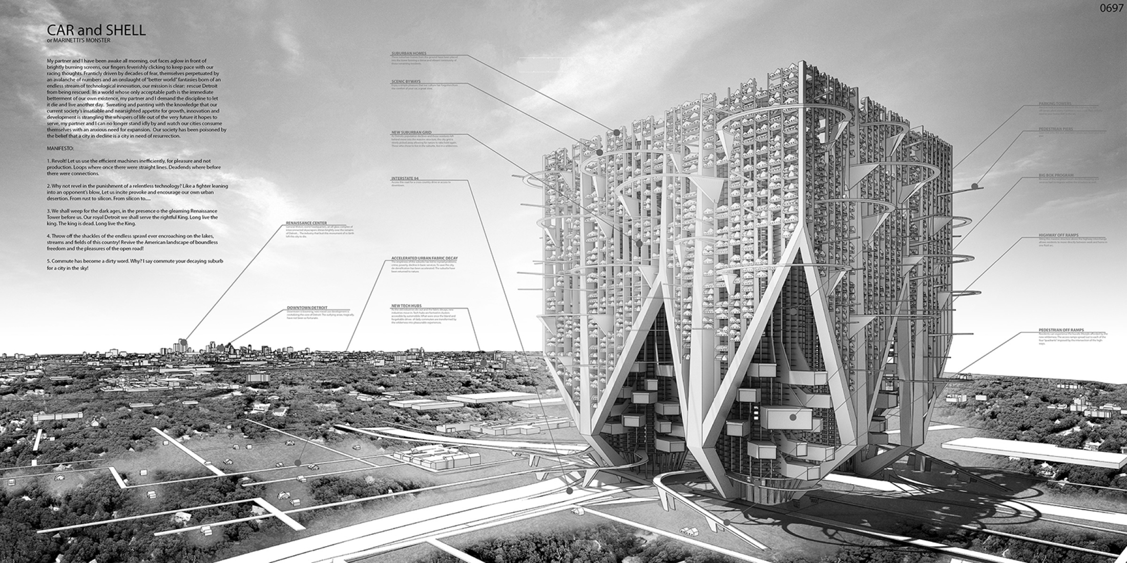 The second place was awarded to Mark Talbot and Daniel Markiewicz from the United States for his project “Car and Shell: or Marinetti’s Monster” which proposes a city in the sky for Detroit, MI.