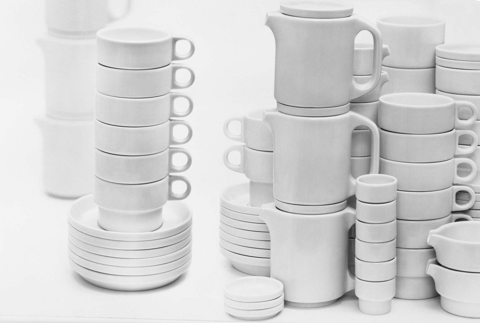 Hans (Nick) Roericht, stackable hotel tableware »TC 100«, 1958/59, © HfGArchive / Museum Ulm. Photograph by Wolfgang Siol, 1961