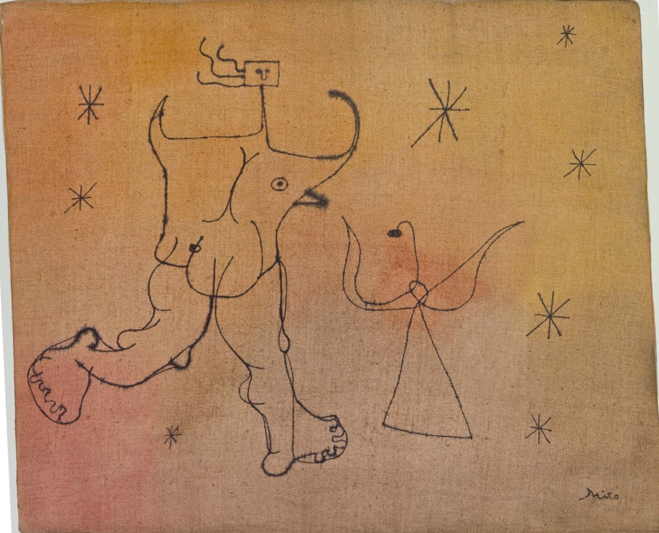 Joan Miró. Personnage, oiseau, étoiles / Personaje, pájaro, estrellas, 1944. Watercolor and India ink on canvas, 38 x 46 cm. Private Collection in temporary storage. © Successió Miró 2020.