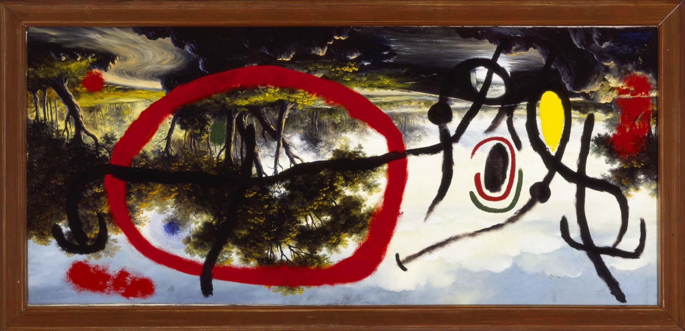 Joan Miró. Personnage au lever du soleil au bord d'une rivière / Personaje al amanecer en la orilla de un río, 1965. Oil on canvas, “pompier” style, 95 x 197 cm. Private Collection in temporary storage. © Successió Miró 2020. 