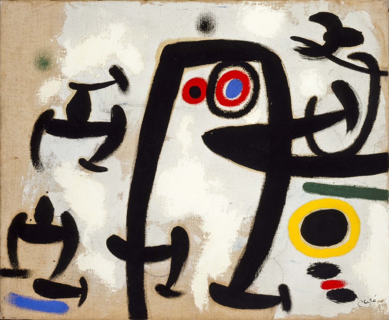 Joan Miró. Femmes et oiseaux II / Mujeres y pájaros II, 1969. Oil on canvas, 50 x 61 cm. Private Collection in temporary storage. © Successió Miró 2020. 