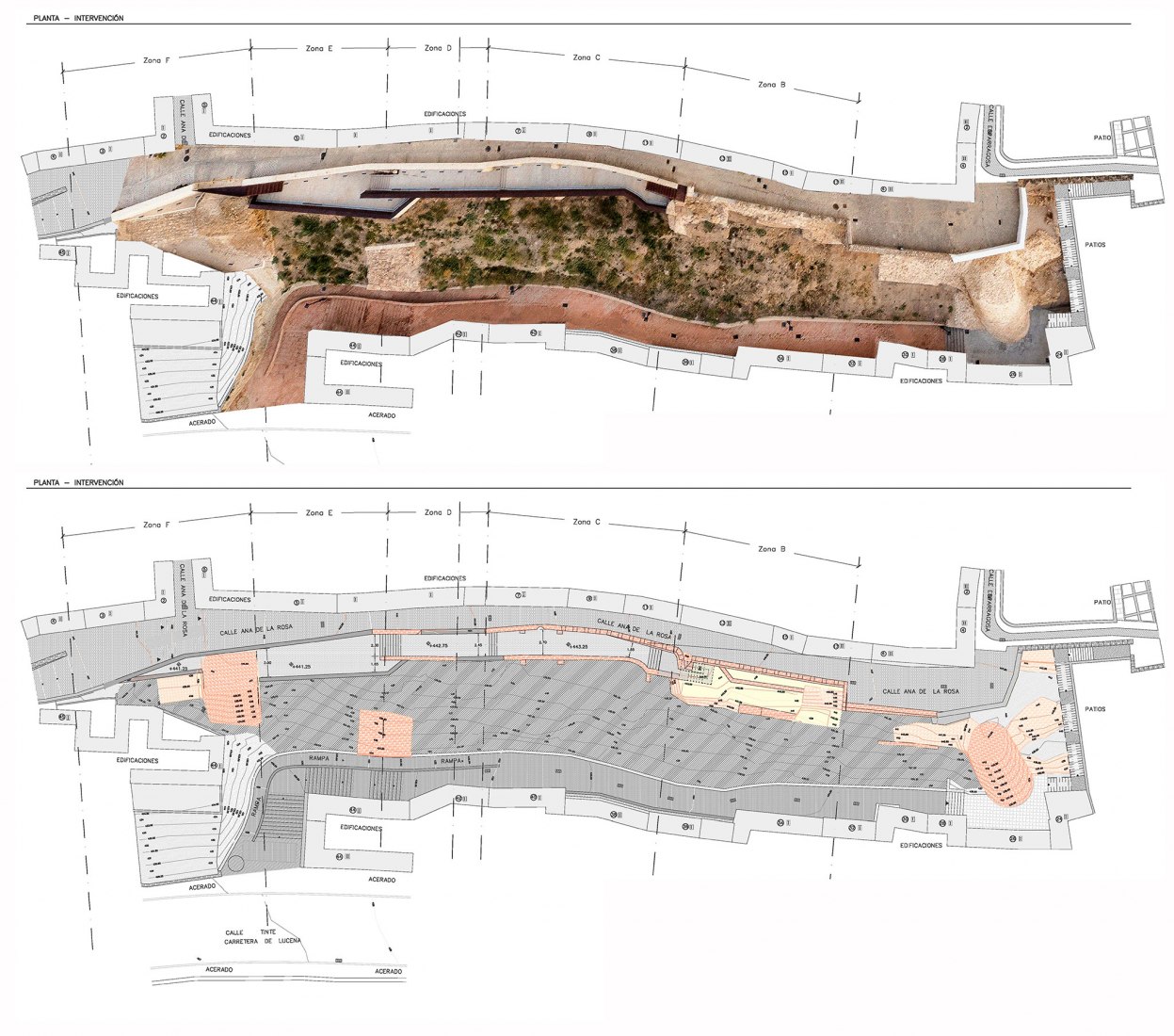 Plano de planta - intervención. Consolidación y Mejora de la Muralla Medieval de Cabra en España por EYAC Arquitec.