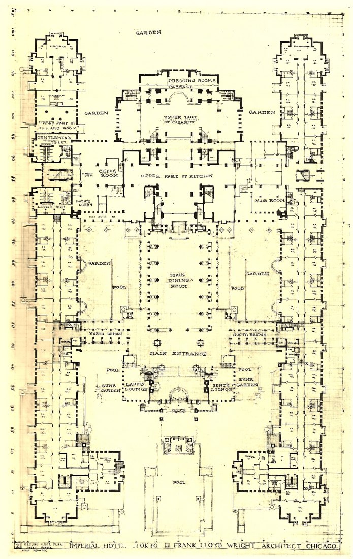 Ground floor plan. Imperial Hotel by Frank Lloyd Wright