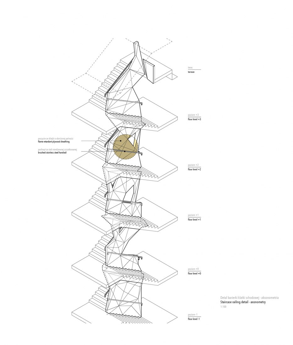 Staircase railing detail, axonometry. Wave One by FAAB Architektura.