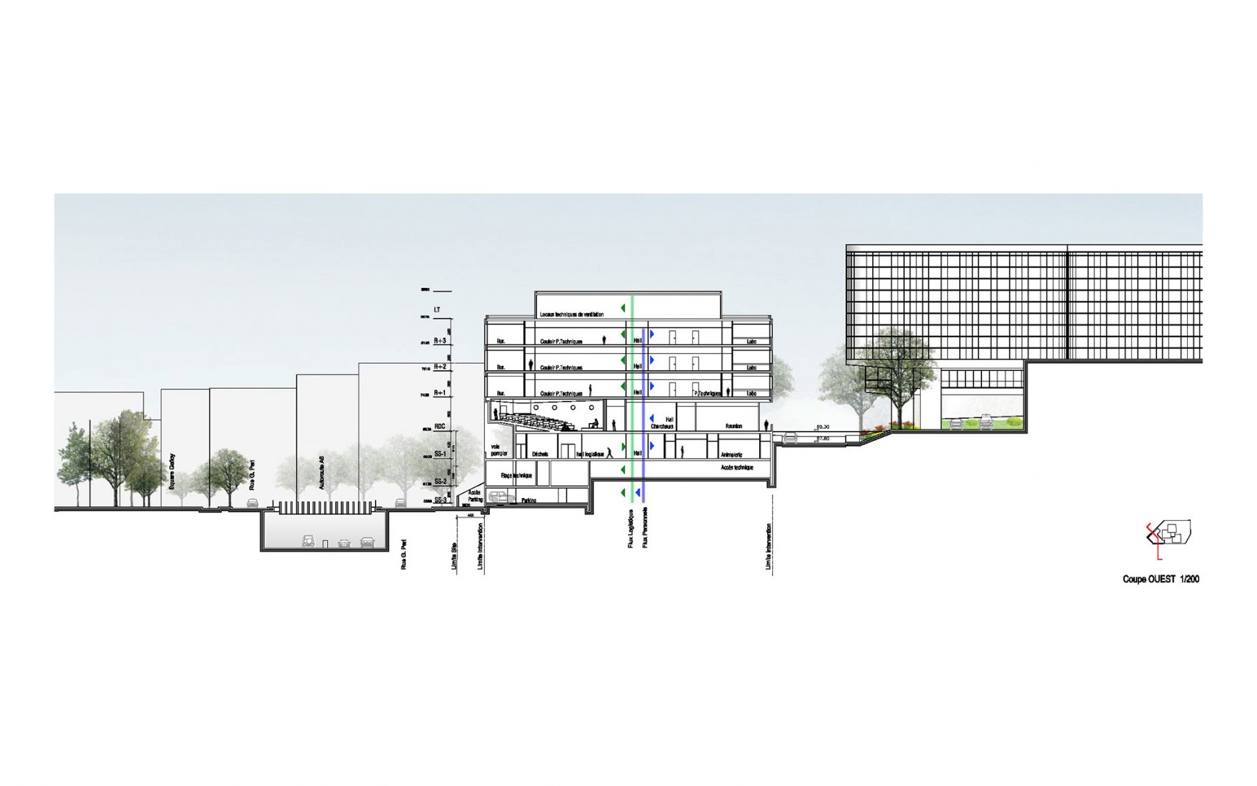 Sections. Extension of the faculty of medicine for the Kremlin-Bicêtre University Hospital by Pargade Architectes.