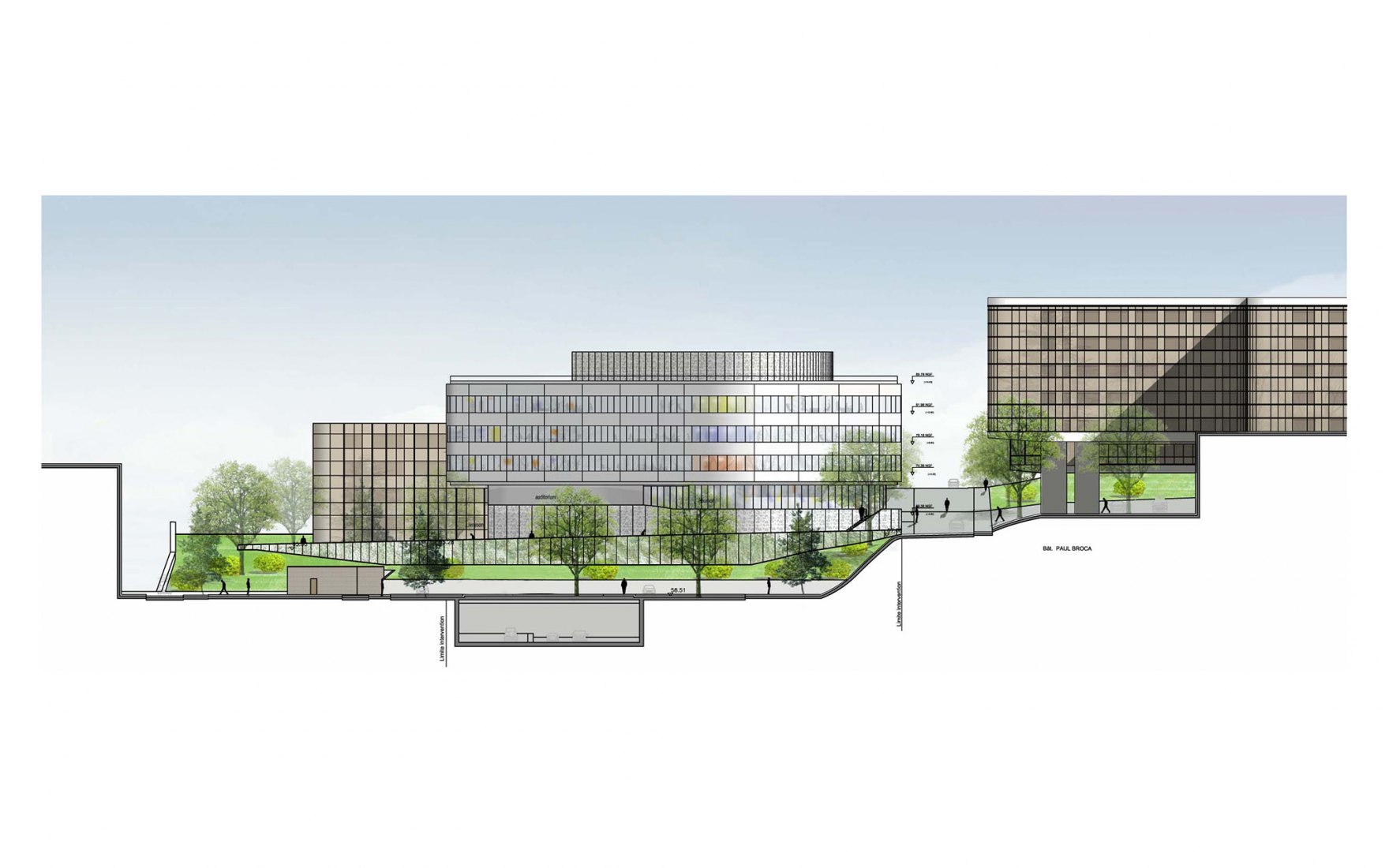 Coupe ouest. Extension of the faculty of medicine for the Kremlin-Bicêtre University Hospital by Pargade Architectes.