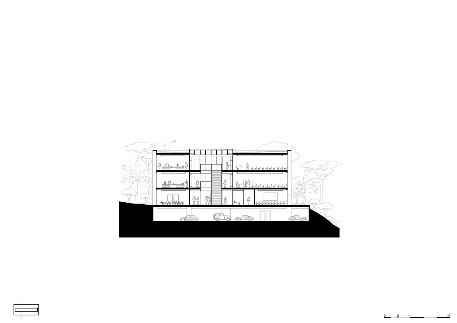 Sección transversal. Facultad de Medicina São José dos Campos por KAAN Architecten.