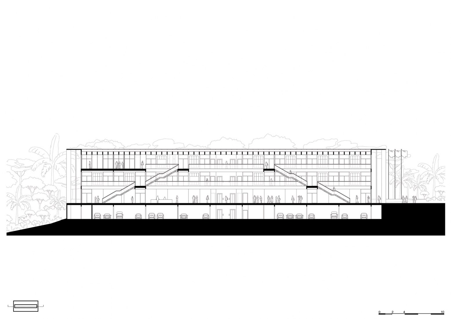 Sección longitudinal. Facultad de Medicina São José dos Campos por KAAN Architecten.