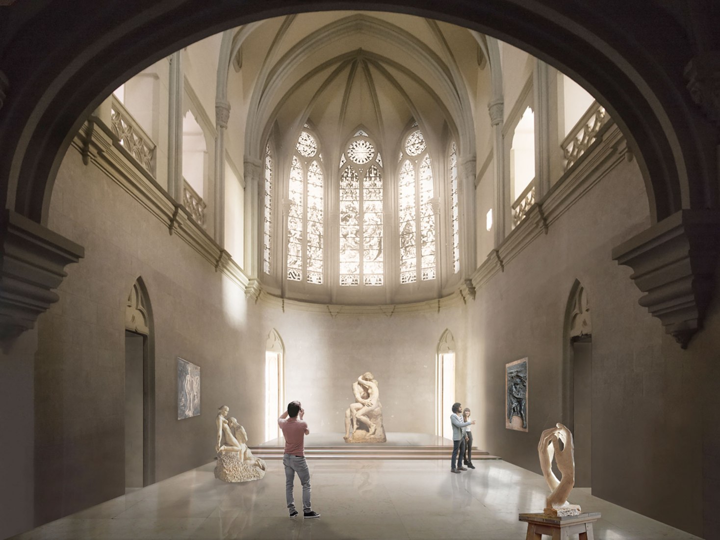The chapel, future exhibition room, is restored with a respectful intervention, which seeks to consolidate the original building and preserve its original character. Image © Fernando Menis