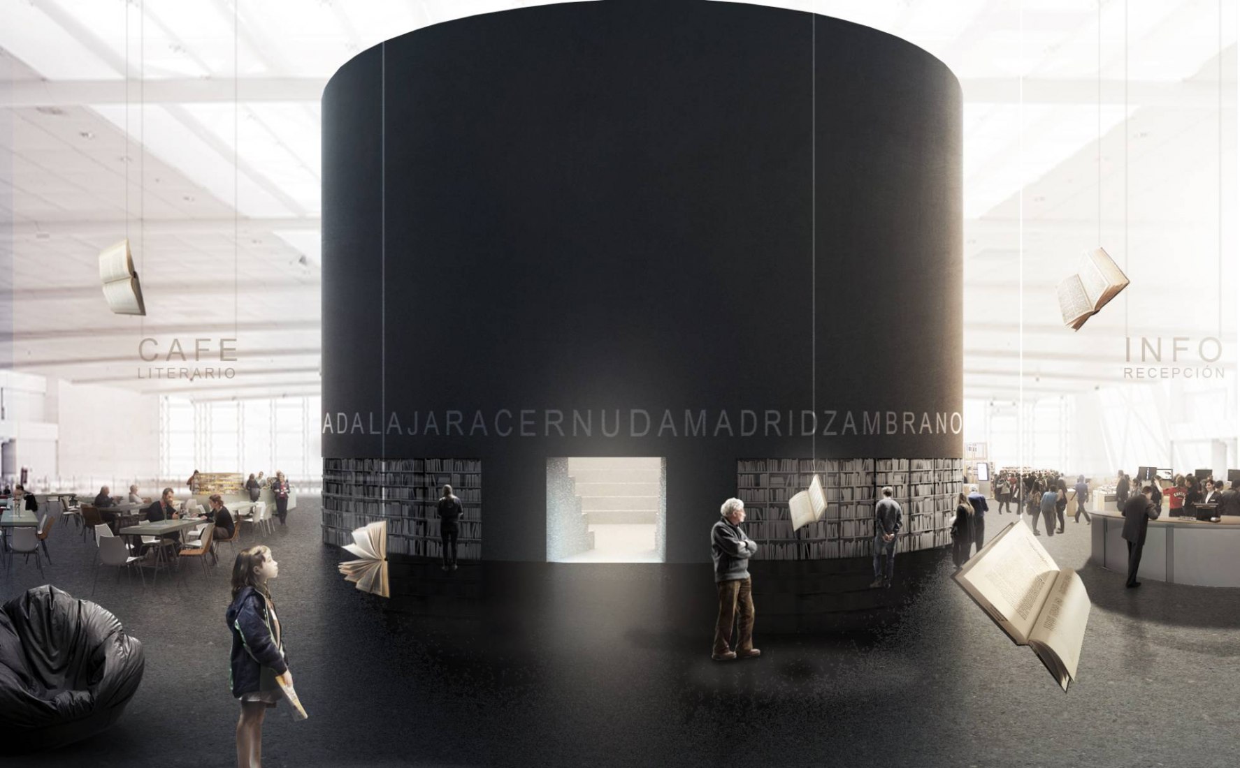 Visualización del cilindro desde el exterior, pabellón para la FIL por Alberto Campo Baeza.
