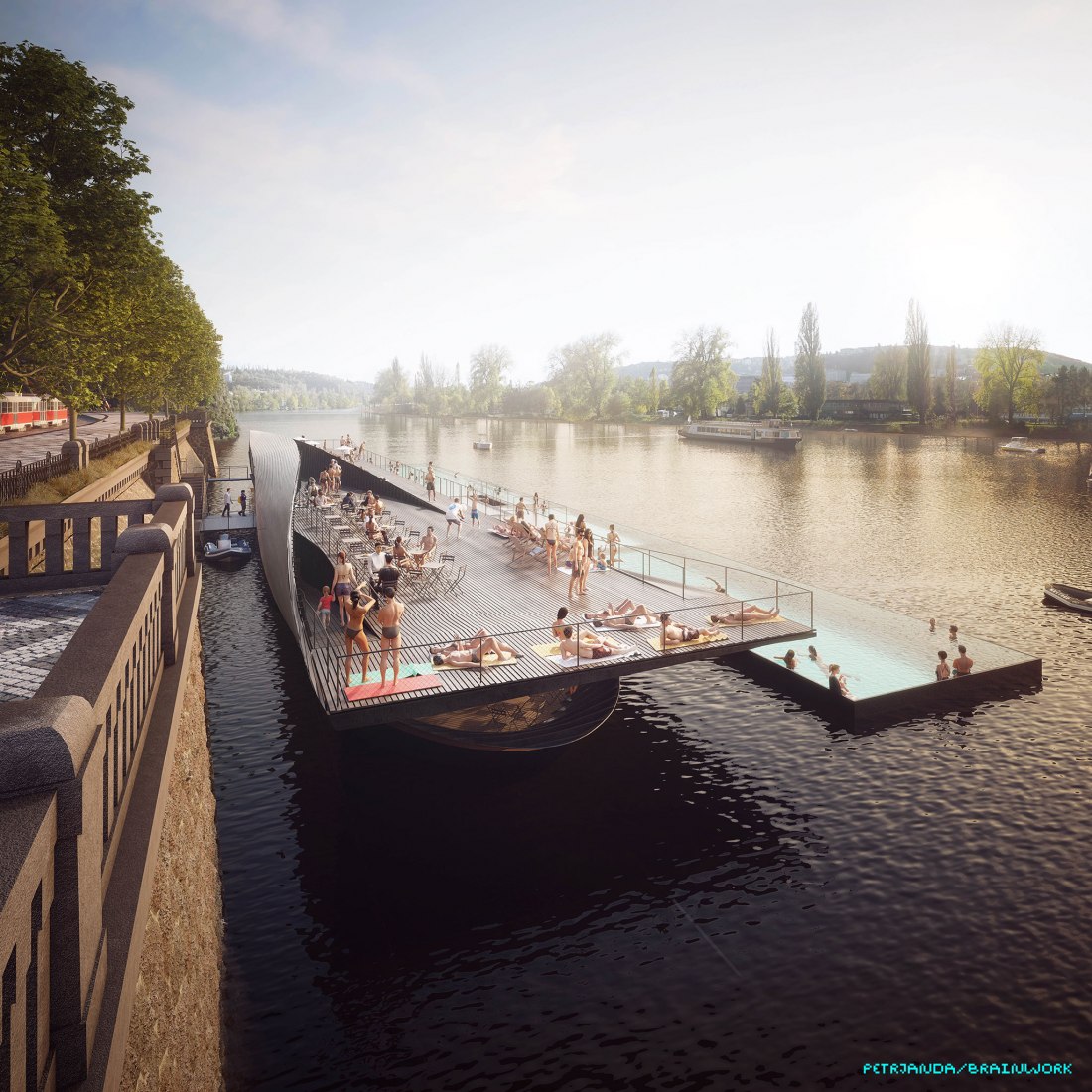 Visualización de la piscina flotante. La orilla del río de Praga por petrjanda / brainwork