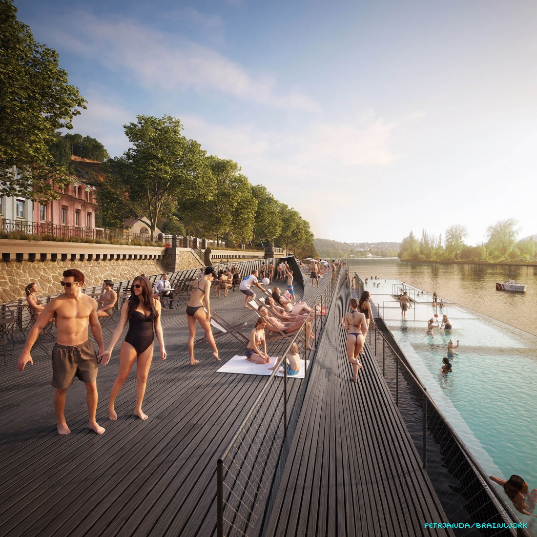 Visualización de la piscina flotante. La orilla del río de Praga por petrjanda / brainwork