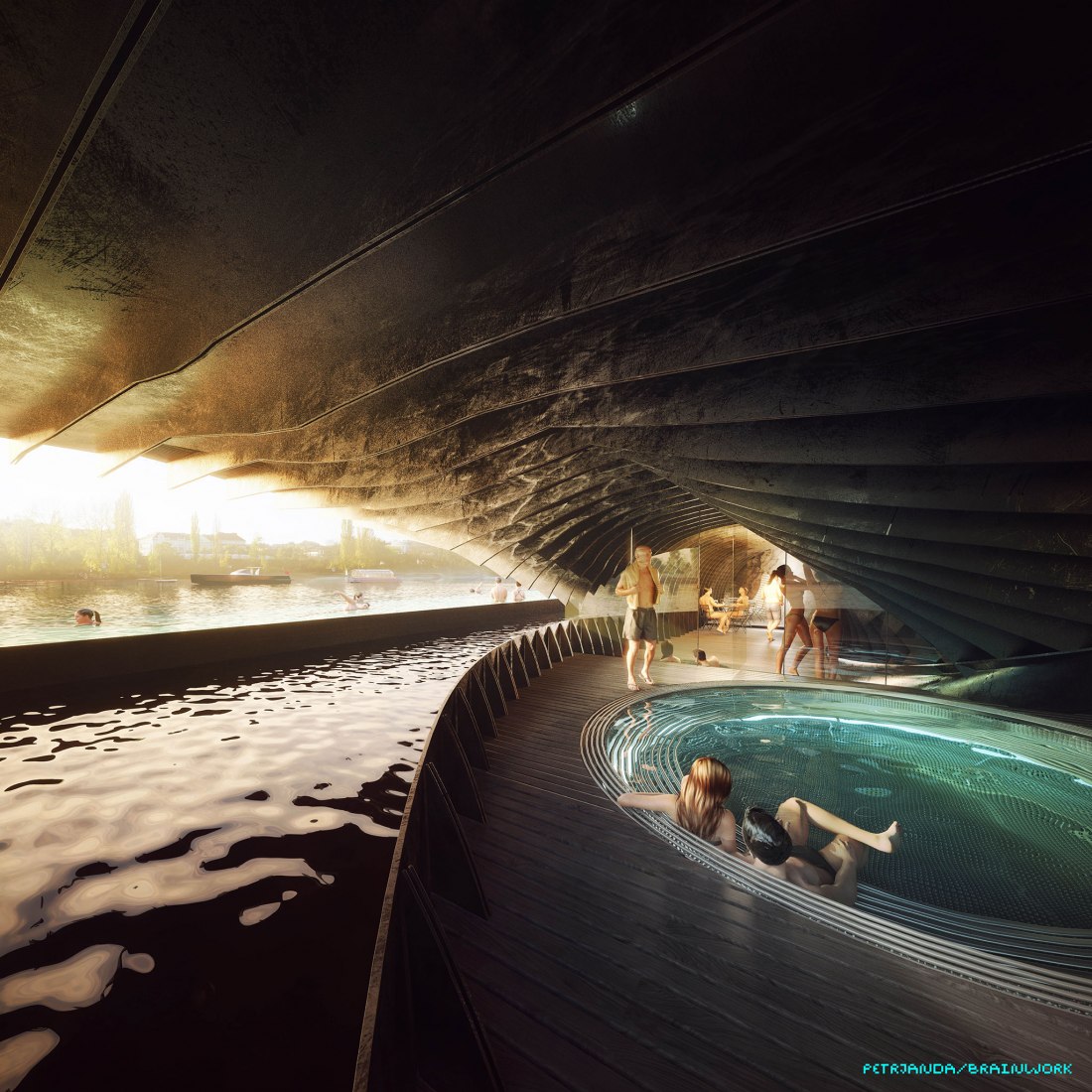 Visualización de la piscina flotante. La orilla del río de Praga por petrjanda / brainwork
