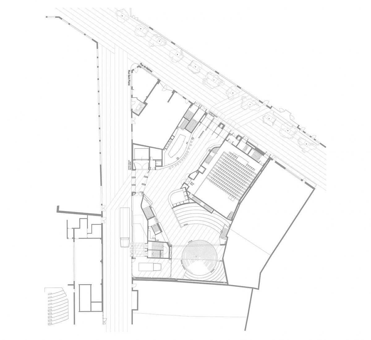Ground floor plan. Renovation of  Ancien Théâtre des Variétés by Flores & Prats and Ouest Architecture.